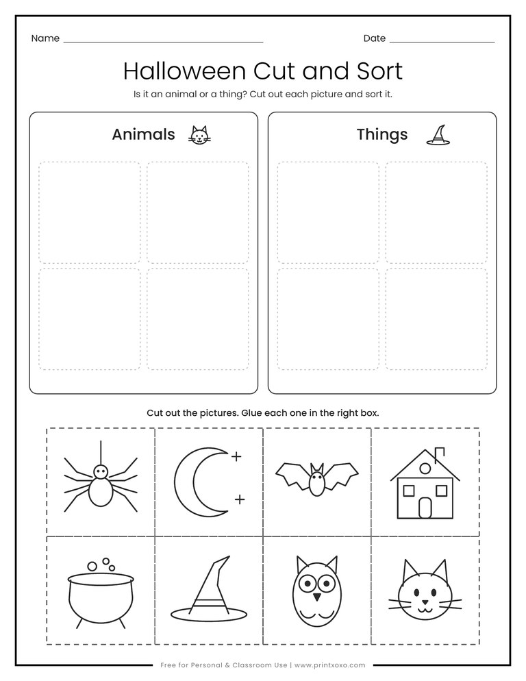 Halloween cut and sort worksheet with animals and things to cut out and glue in two groups