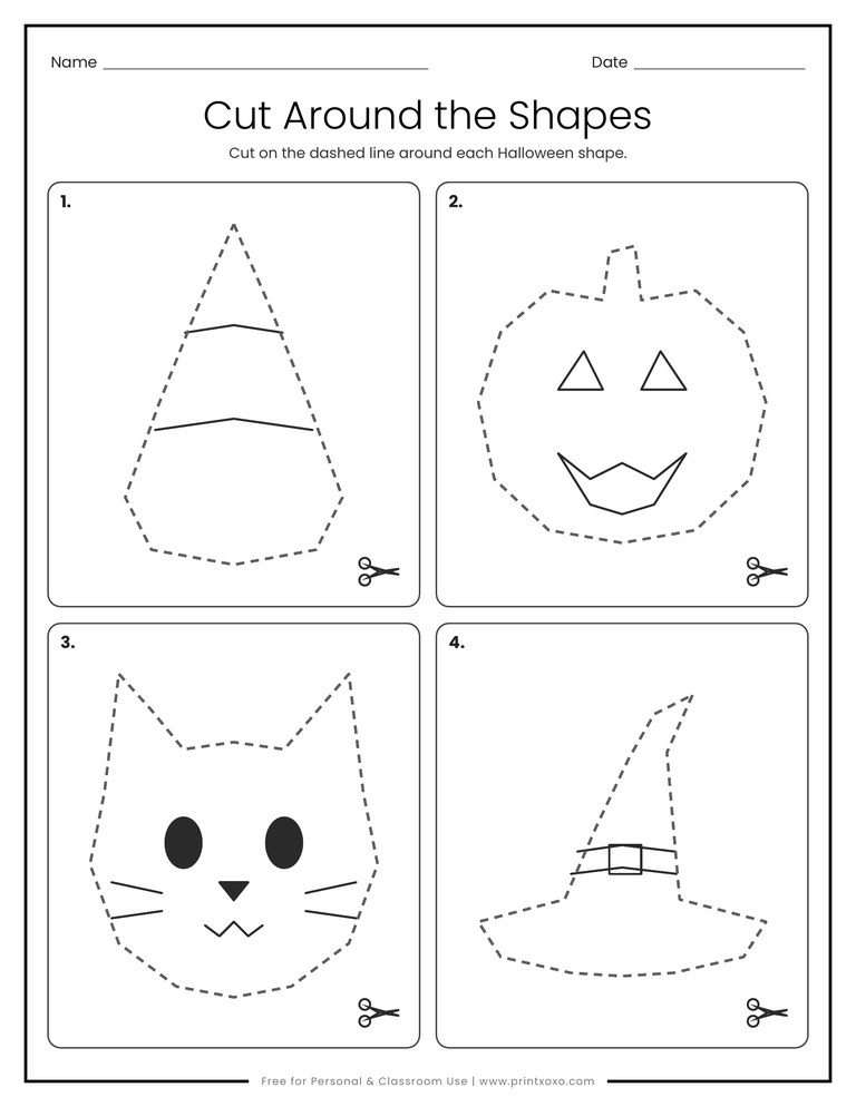 Cut around the shapes worksheet with a candy corn, pumpkin, black cat and witch hat