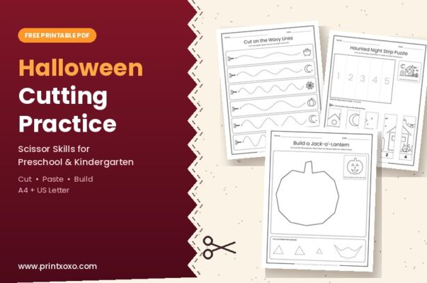 Free Halloween cutting practice worksheets for preschool and kindergarten with cutting lines and cut and paste projects