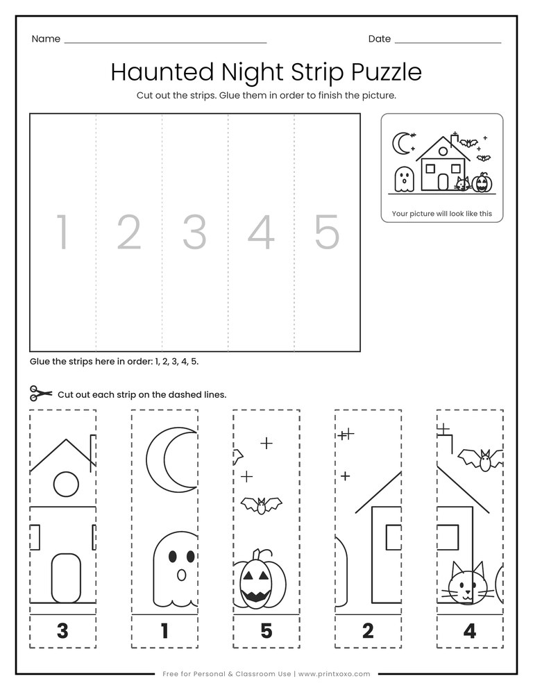 Halloween picture strip puzzle with five numbered strips to cut out and glue in order