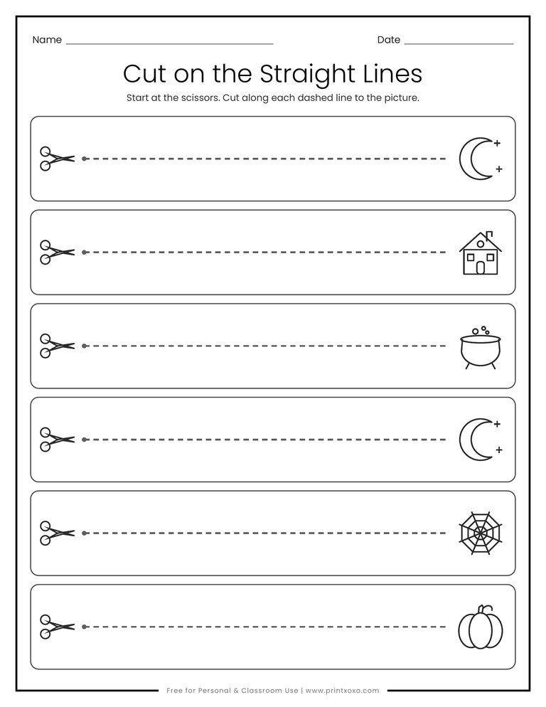 Halloween scissor practice worksheet with six straight dashed cutting lines from scissors to pictures