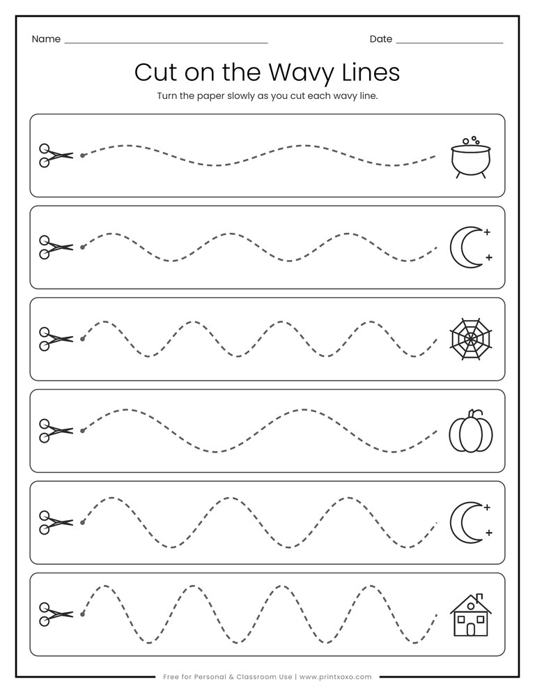 Wavy line cutting worksheet for preschool with Halloween pictures