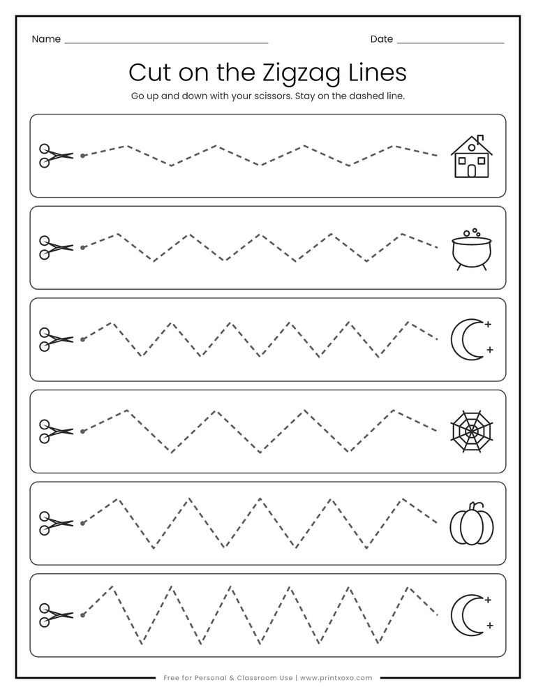 Zigzag cutting practice worksheet with Halloween pictures at the end of each line