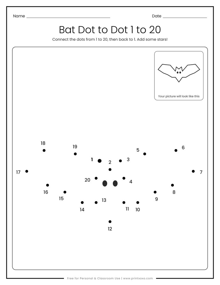 Bat dot to dot worksheet with numbers 1 to 20 for kindergarten