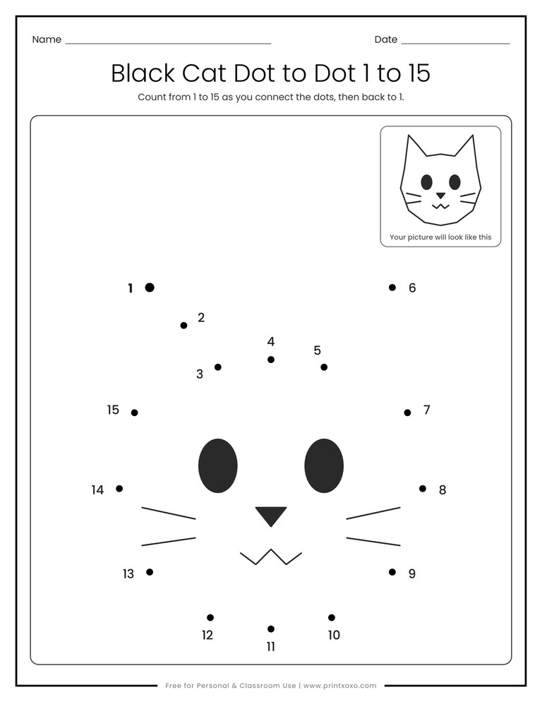 Black cat face connect the dots worksheet with numbers 1 to 15