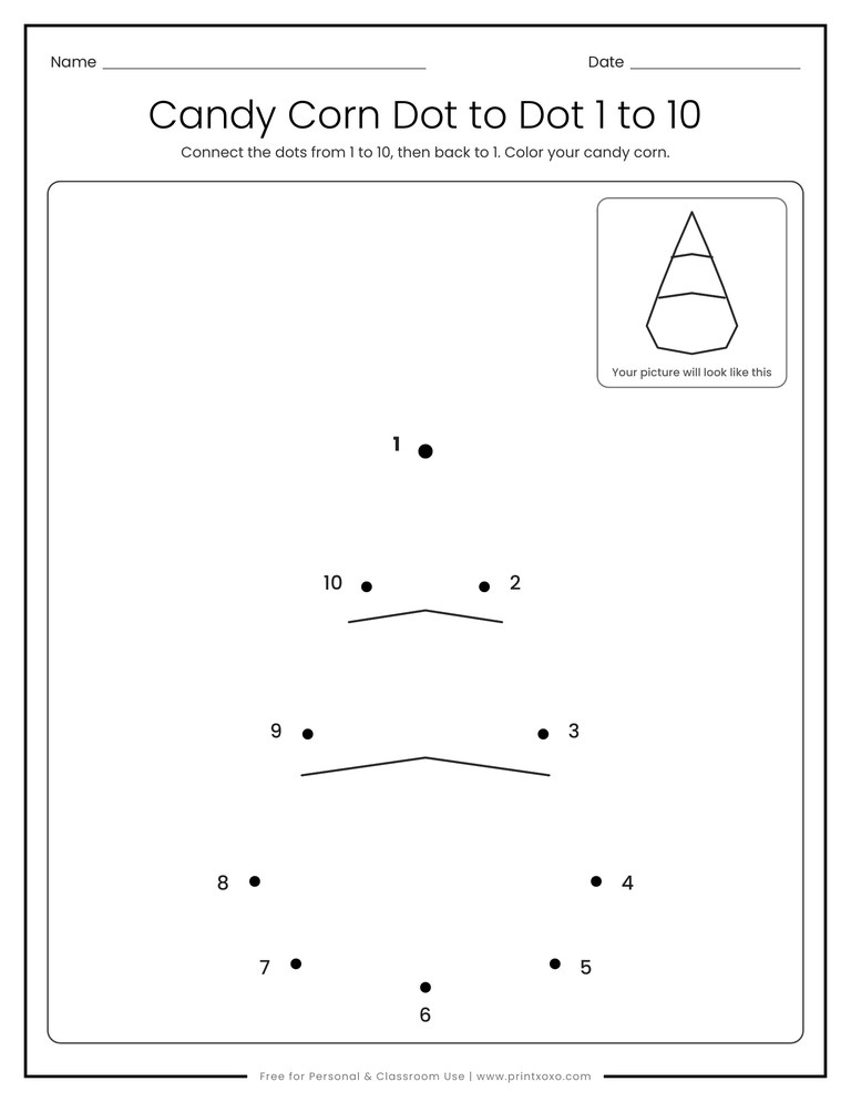 Candy corn dot to dot worksheet with numbers 1 to 10 for preschool