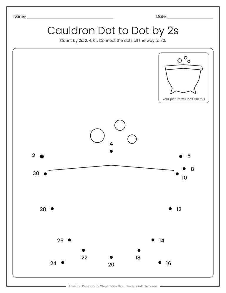 Cauldron dot to dot worksheet counting by 2s from 2 to 30
