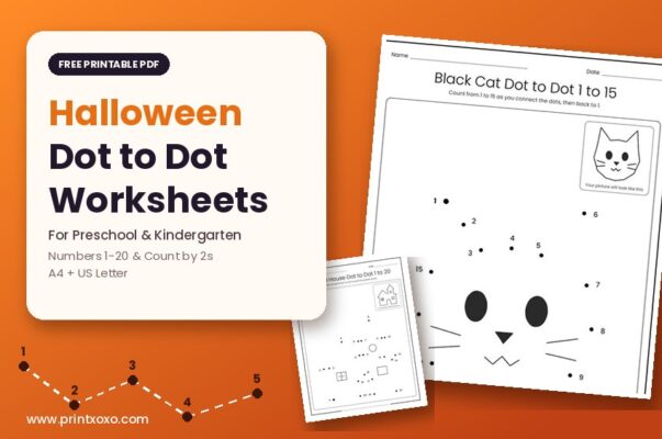 Free Halloween dot to dot worksheets for preschool and kindergarten with numbers 1 to 20 and counting by 2s