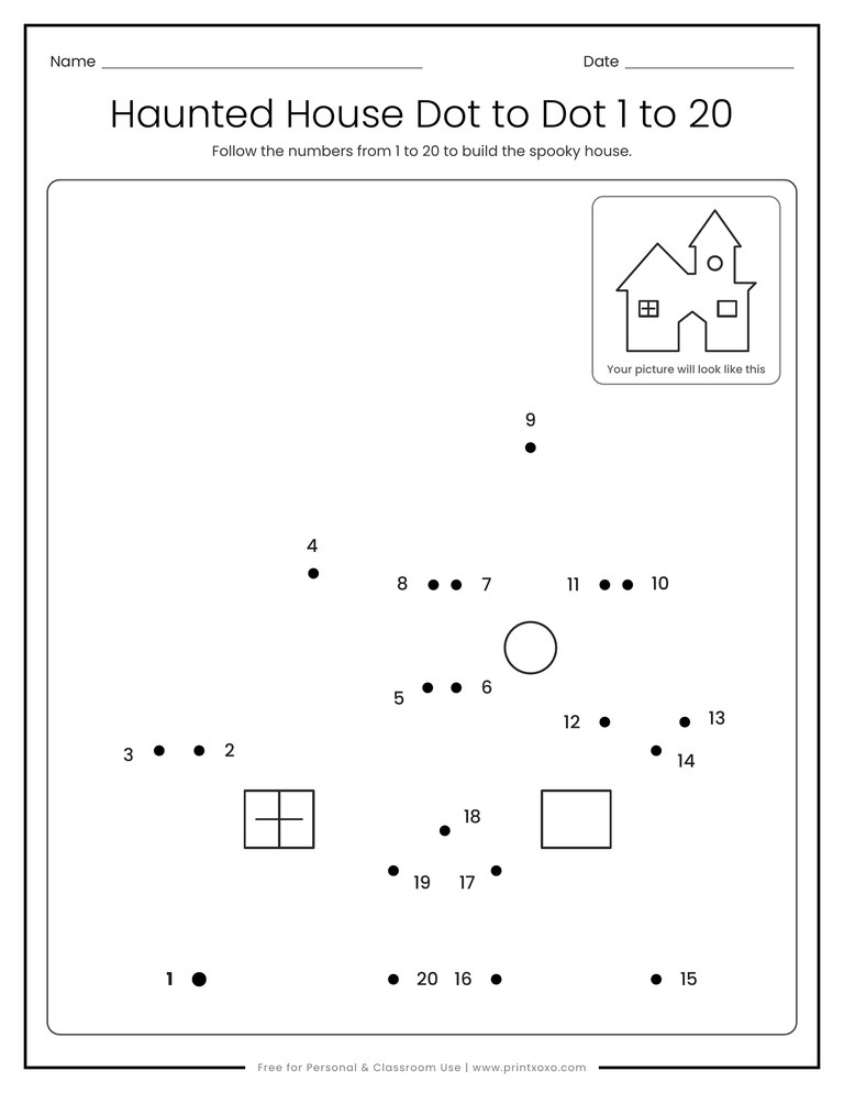 Haunted house connect the dots printable with numbers 1 to 20
