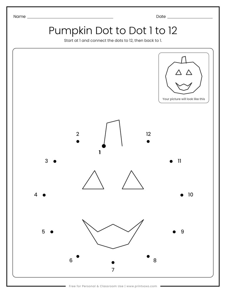 Jack-o-lantern pumpkin connect the dots worksheet with numbers 1 to 12