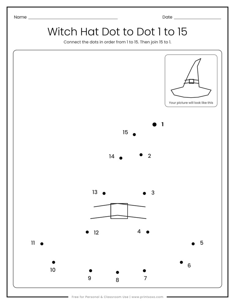 Witch hat dot to dot printable with numbers 1 to 15