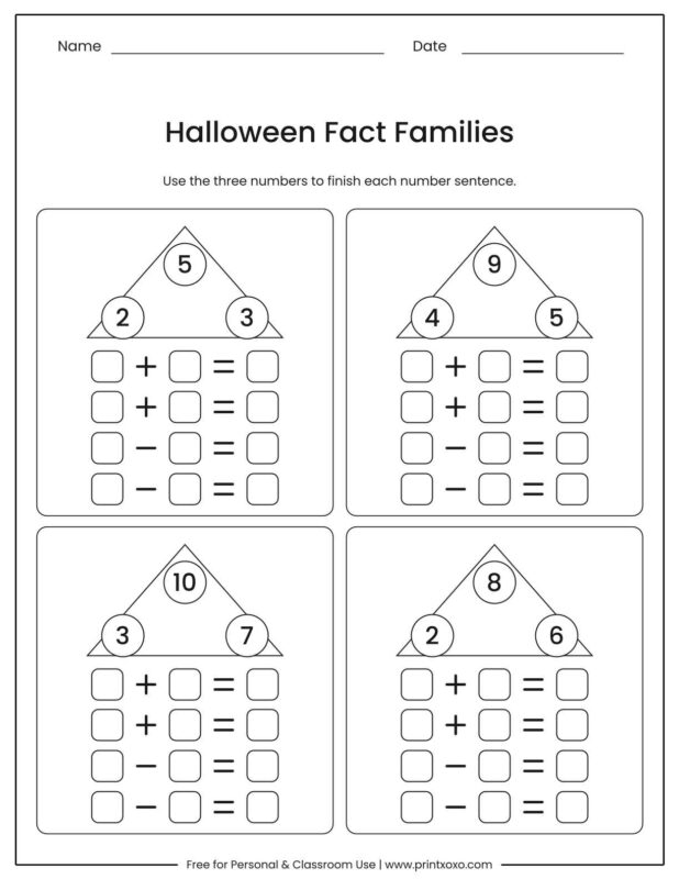 Halloween fact families worksheet with four number triangles and four blank number sentences under each one
Caption: Use the three numbers to finish two addition and two subtraction sentences.