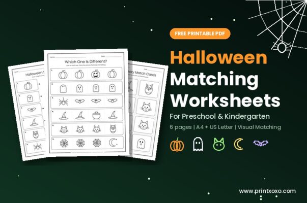 Free Halloween matching worksheets for preschool and kindergarten, 6 printable pages with shadows, odd one out and memory cards