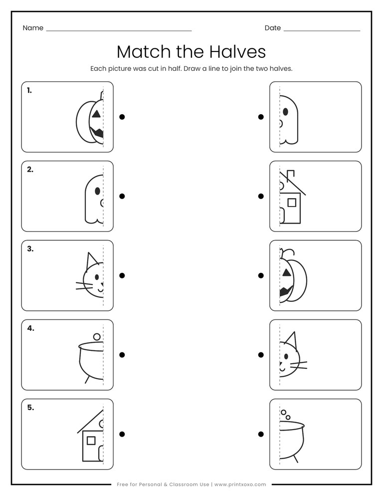 Match the halves worksheet with Halloween pictures cut in half, including a pumpkin, ghost, cat, cauldron and house