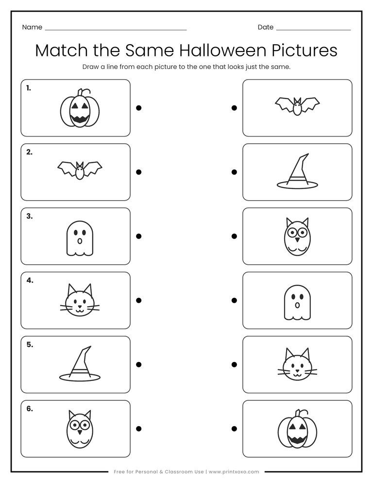 Halloween picture matching worksheet with a jack-o-lantern, bat, ghost, cat, witch hat and owl to connect with lines