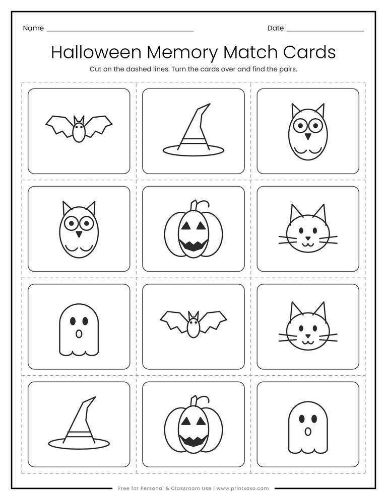Printable Halloween memory match cards with six pairs: pumpkin, ghost, bat, cat, witch hat and owl