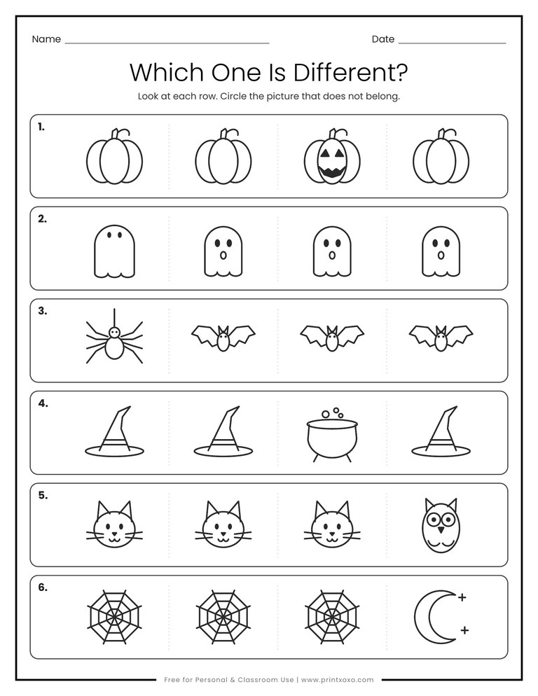 Halloween odd one out worksheet with six rows of pumpkins, ghosts, bats, hats, cats and spider webs