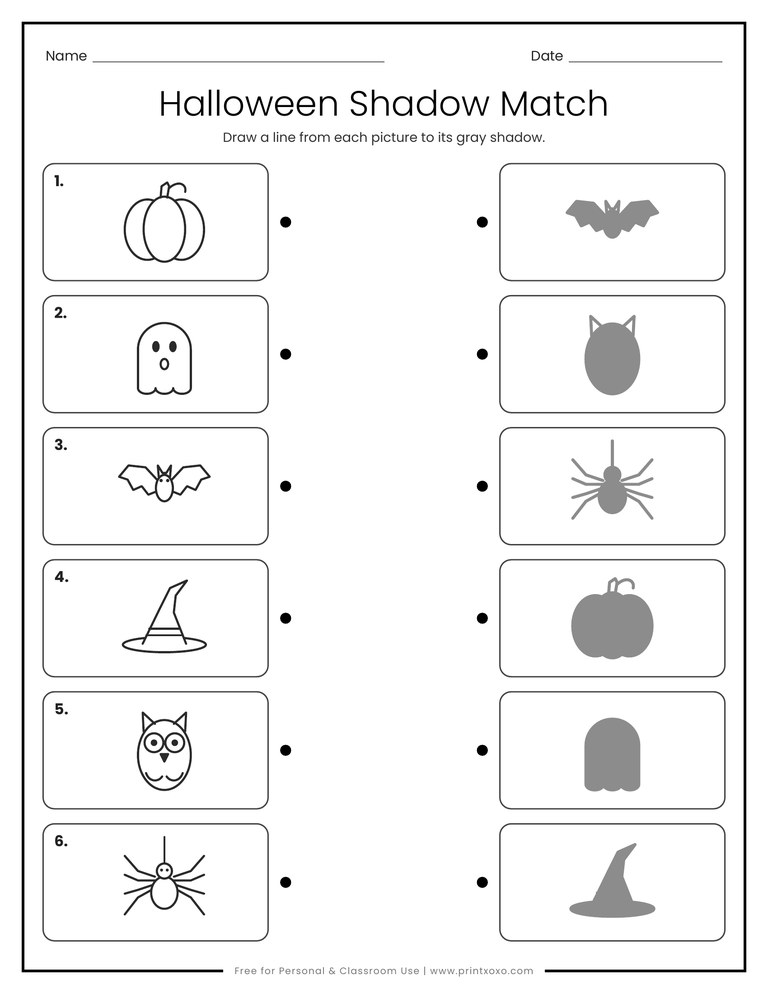Halloween shadow matching worksheet with a pumpkin, ghost, bat, witch hat, owl and spider and their gray shadows