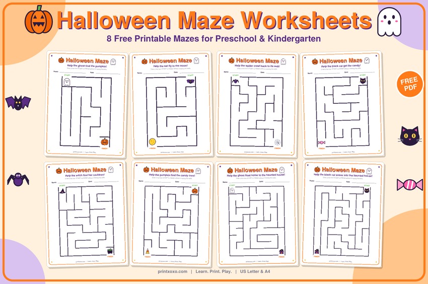 Free Halloween maze worksheets for preschool and kindergarten