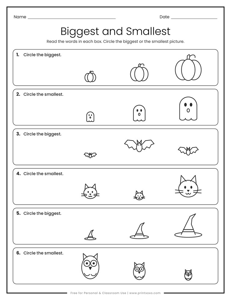 Halloween biggest and smallest worksheet with pumpkins, ghosts, bats, cats, hats and owls in three sizes