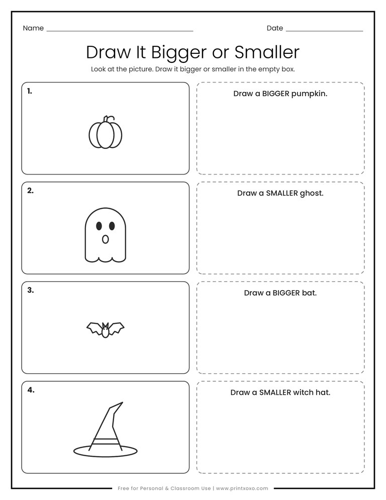Draw it bigger or smaller worksheet with a pumpkin, ghost, bat and witch hat