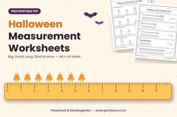 Free Halloween measurement worksheets for preschool and kindergarten with a ruler and candy corns