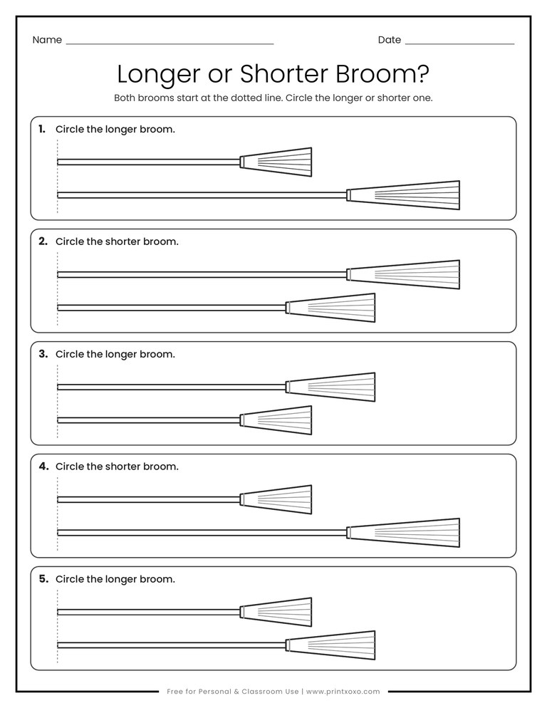 Longer or shorter witch broom comparison worksheet with brooms starting at the same line