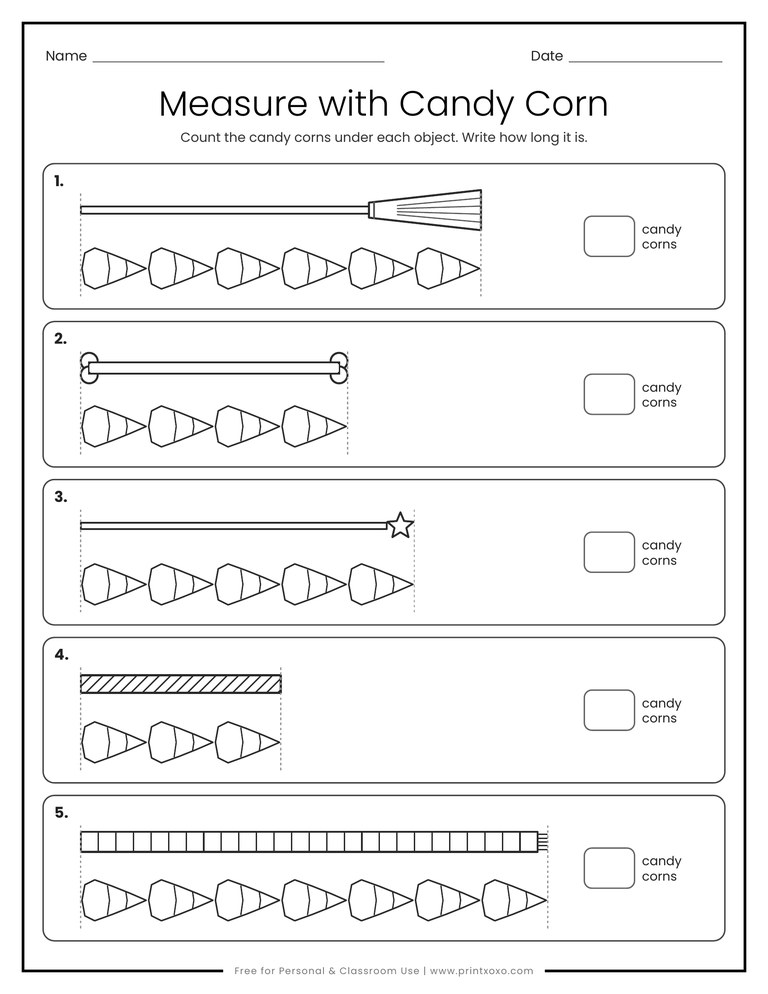 Measure with candy corn worksheet where kids count candy corns under a broom, bone, wand and scarf