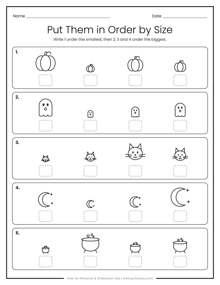Order by size worksheet where kids number Halloween pictures from smallest to biggest