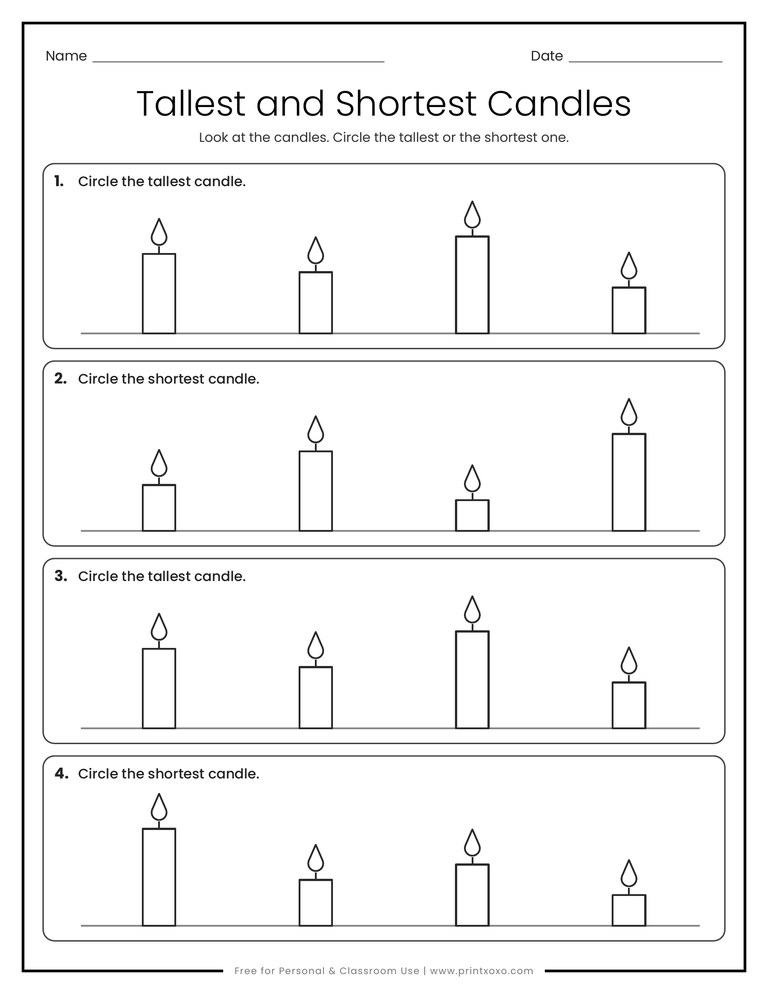 Tallest and shortest candles worksheet for preschool with four candles in each row