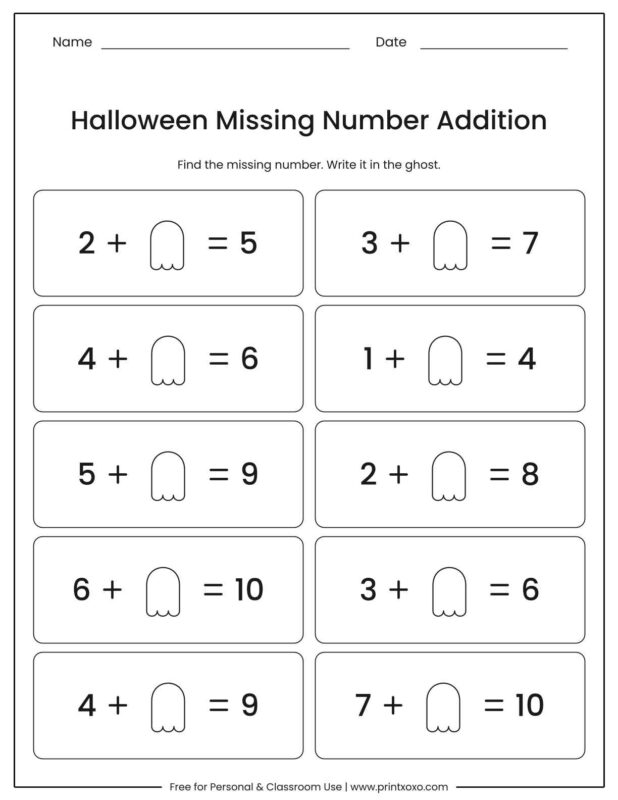 Halloween missing number addition worksheet where kids write the missing number inside a ghost, such as 3 plus a ghost equals 7