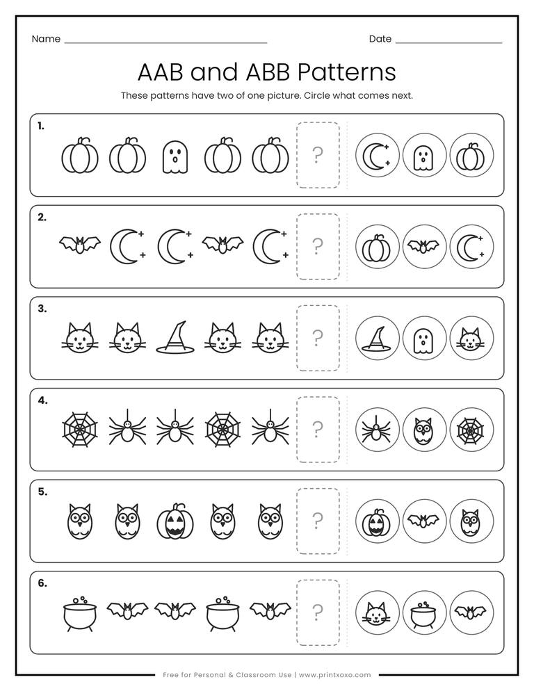 AAB and ABB pattern worksheet with rows of pumpkins, ghosts, bats, moons and spiders