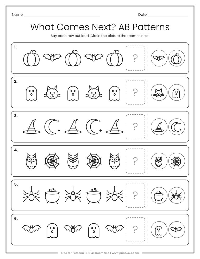 What comes next AB pattern worksheet with Halloween pictures like pumpkin and bat, ghost and cat