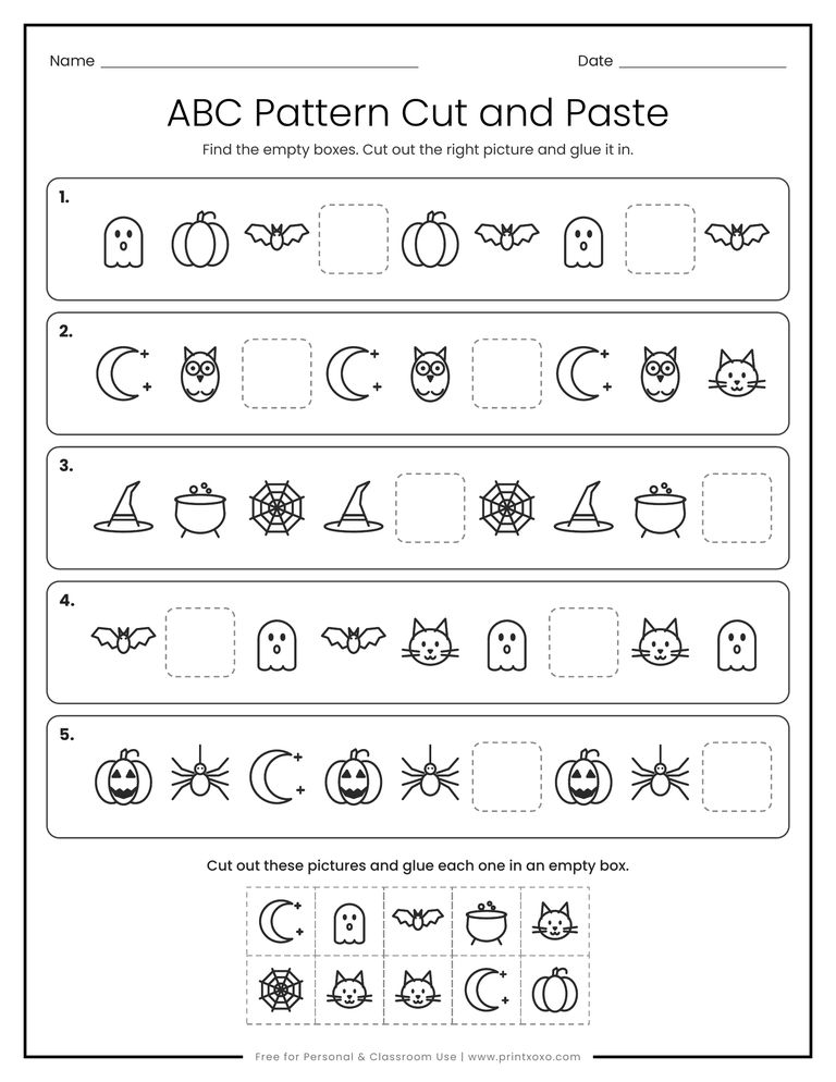 ABC pattern cut and paste worksheet with Halloween pictures and ten pieces to cut out