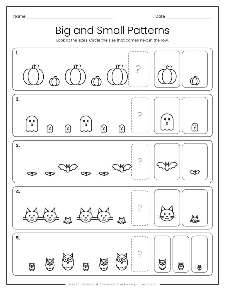 Big and small size pattern worksheet with Halloween pumpkins, ghosts, bats, cats and owls