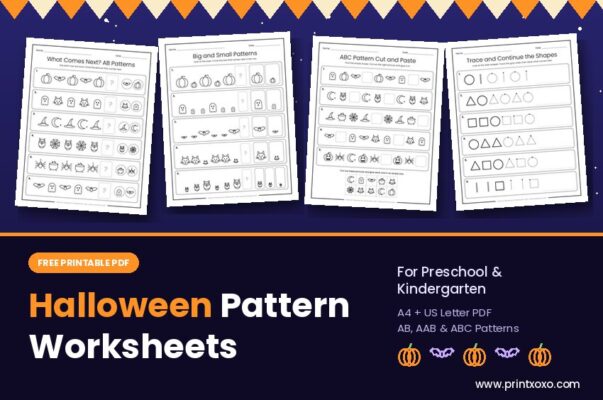 Free Halloween pattern worksheets for preschool and kindergarten, AB, AAB and ABC patterns