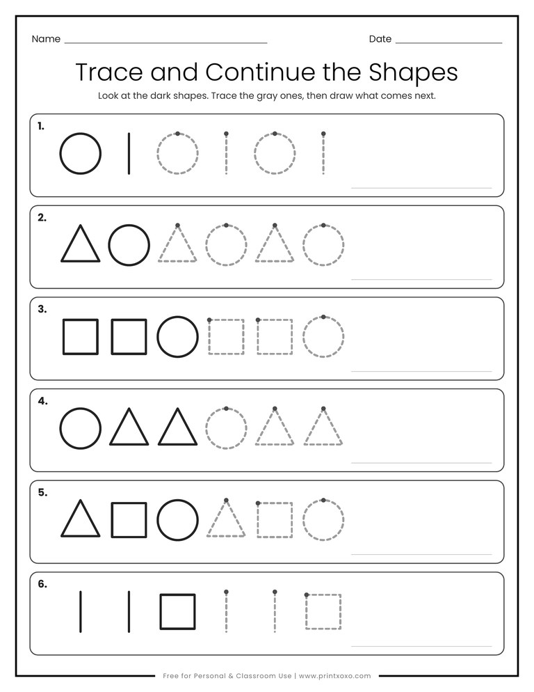 Trace and continue shape pattern worksheet with dashed circles, triangles, squares and lines