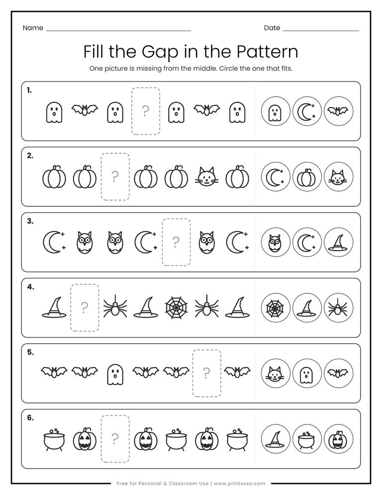 Fill the gap pattern worksheet where one Halloween picture is missing from the middle of each row