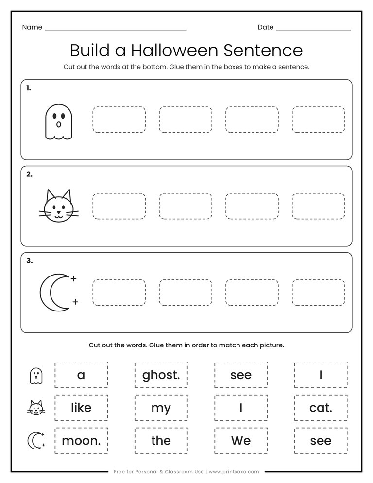 Build a Halloween sentence cut and paste worksheet with mixed up word cards
