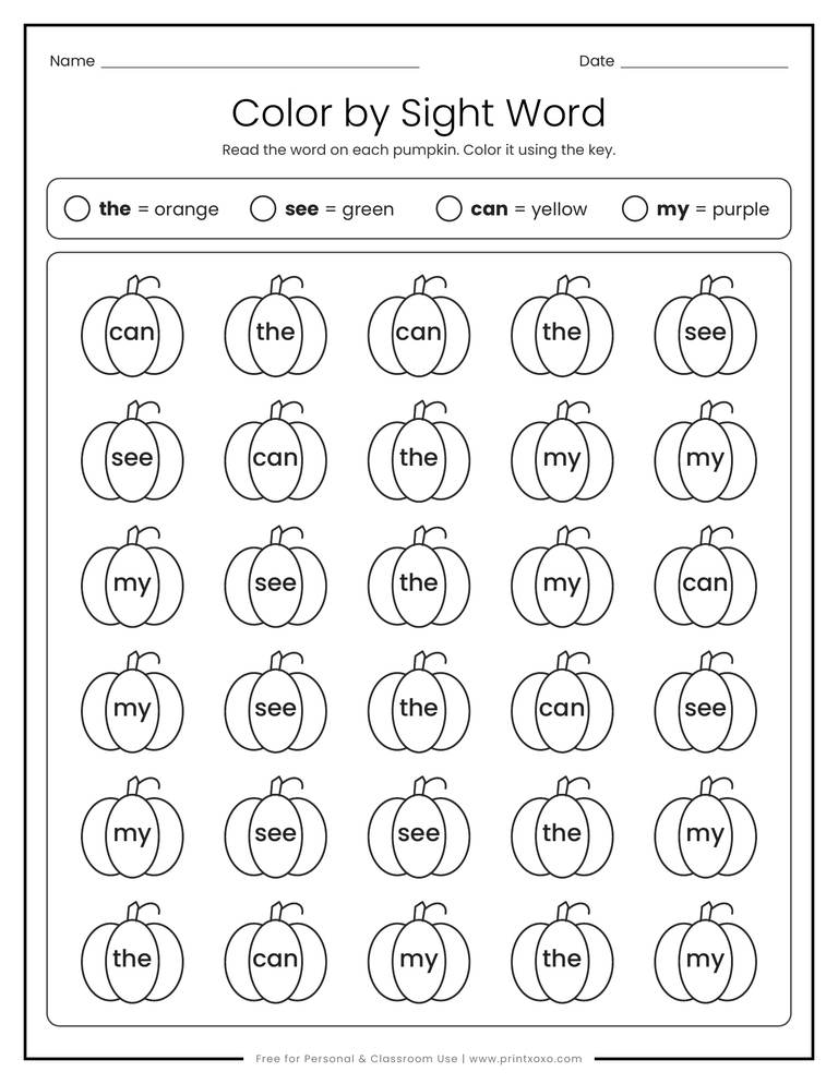 Color by sight word Halloween worksheet with 30 pumpkins and a four word color key