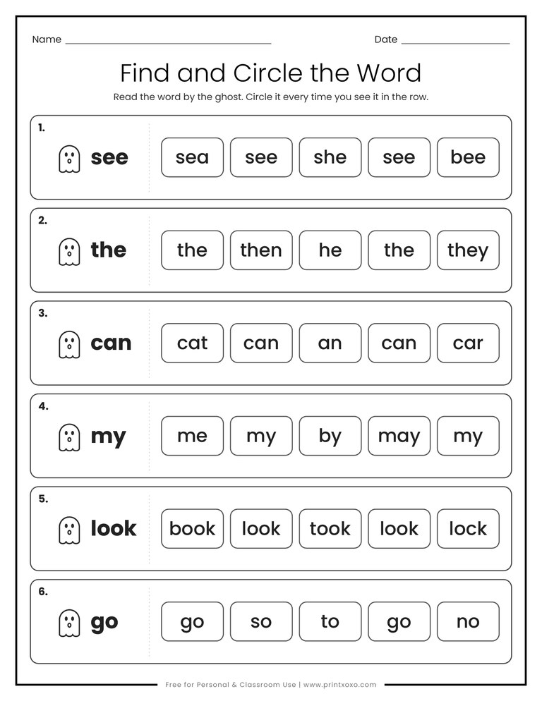 Find and circle the sight word worksheet with look-alike words in each row