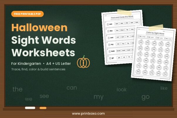 Free Halloween sight words worksheets for kindergarten on a chalkboard with find the word and color by sight word pages