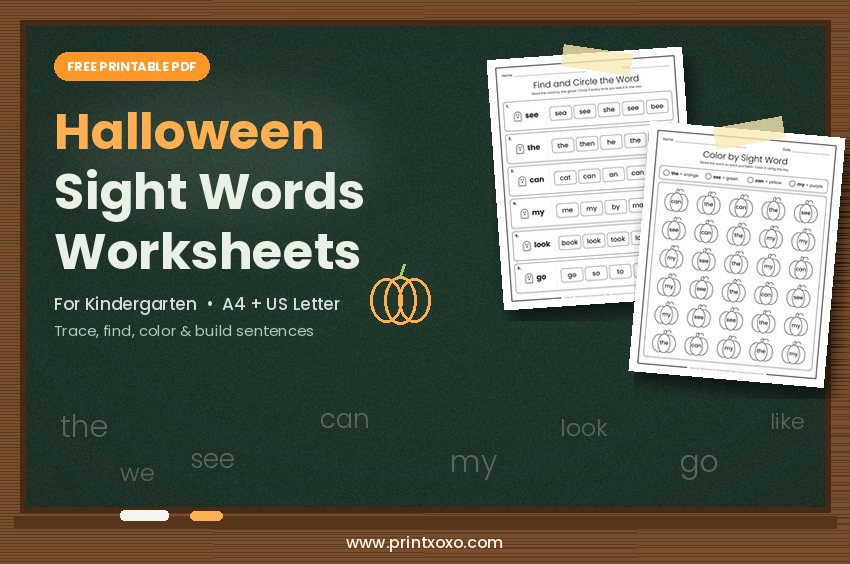 Free Halloween sight words worksheets for kindergarten on a chalkboard with find the word and color by sight word pages