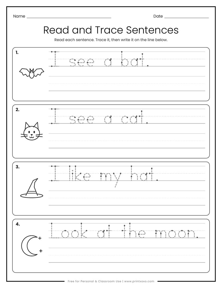 Read and trace Halloween sentences worksheet such as I see a bat with pictures