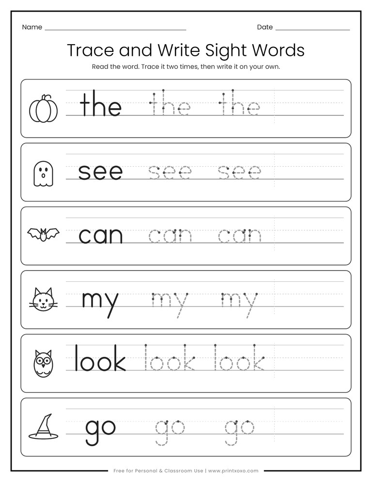 Trace and write sight words worksheet with the, see, can, my, look and go on handwriting lines