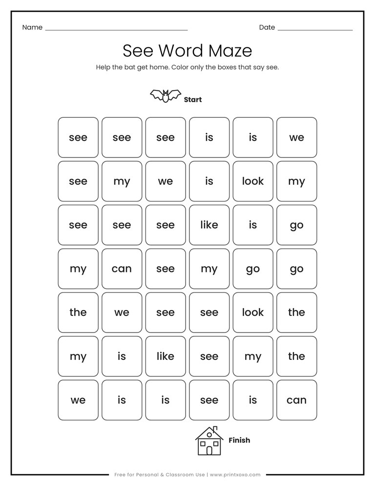 Sight word maze where kids color the boxes that say see to help a bat get home