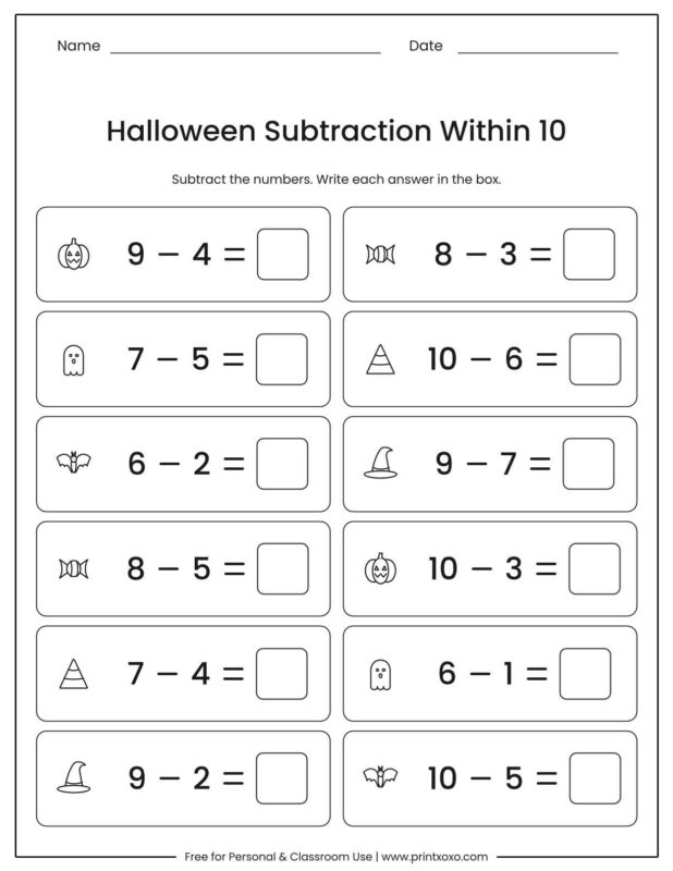Halloween subtraction within 10 worksheet with twelve subtraction problems each with a small Halloween picture and an answer box