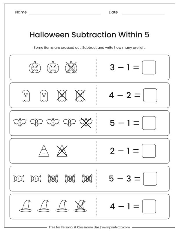 Halloween subtraction within 5 worksheet with rows of Halloween items where some are crossed out and a subtraction sentence to finish