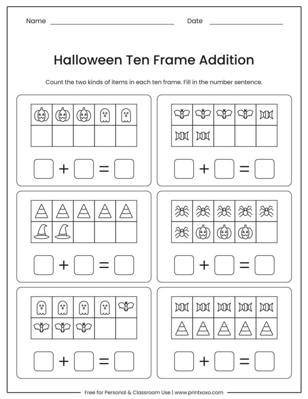 Halloween ten frame addition worksheet with six ten frames filled with two kinds of items and boxes for the number sentence