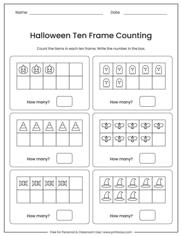 Halloween ten frame counting worksheet with six ten frames filled with pumpkins, ghosts, candy corn, bats, candy and witch hats